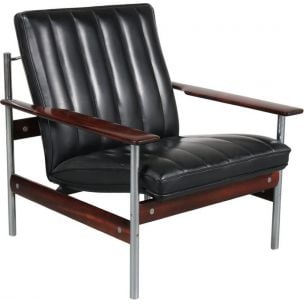 Vintage 1001 AF armchair for Dokka Möbler in black leather and rosewood 1950s
