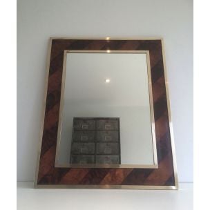 Vintage French wood and brass mirror, 1960