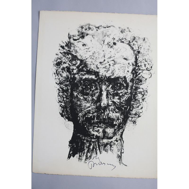 Vintage lithograph by Yves Parsus autographed for Georges Brassens