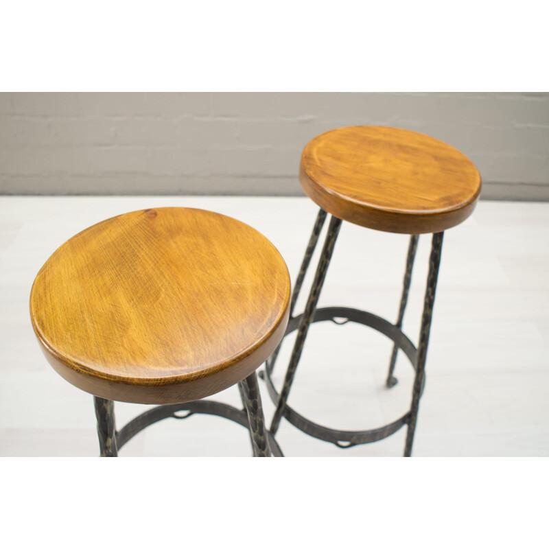Set of 2 vintage stools in wood and iron 1960s