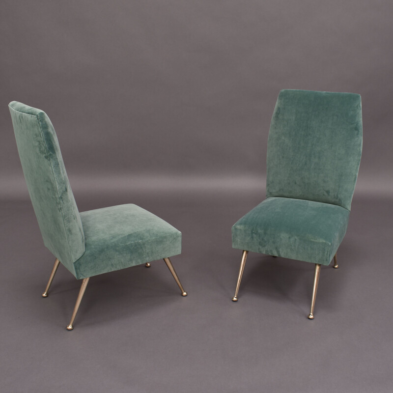 Pair of vintage side chairs for Minotti in green velvet and brass 1950s