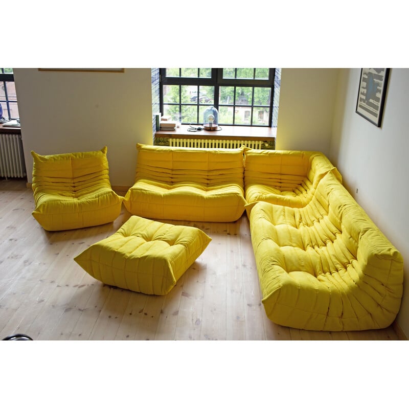 Vintage Togo sofa set for Ligne Roset in yellow microfiber 1970s