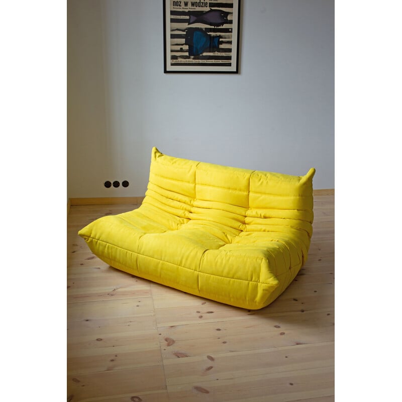 Vintage Togo sofa set for Ligne Roset in yellow microfiber 1970s