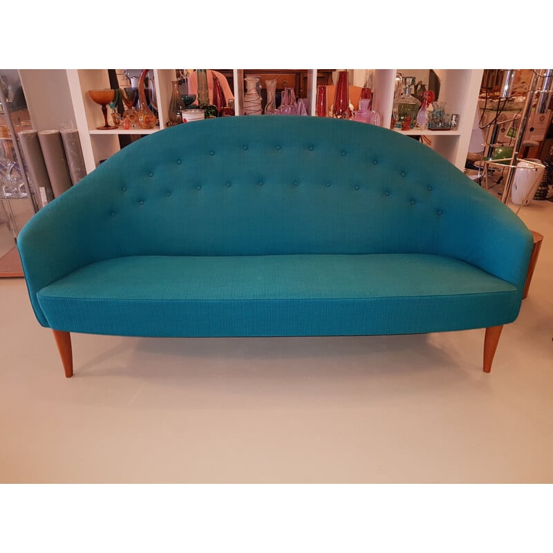 Vintage Paradiset sofa by Triva in turquoise blue fabric 1950s
