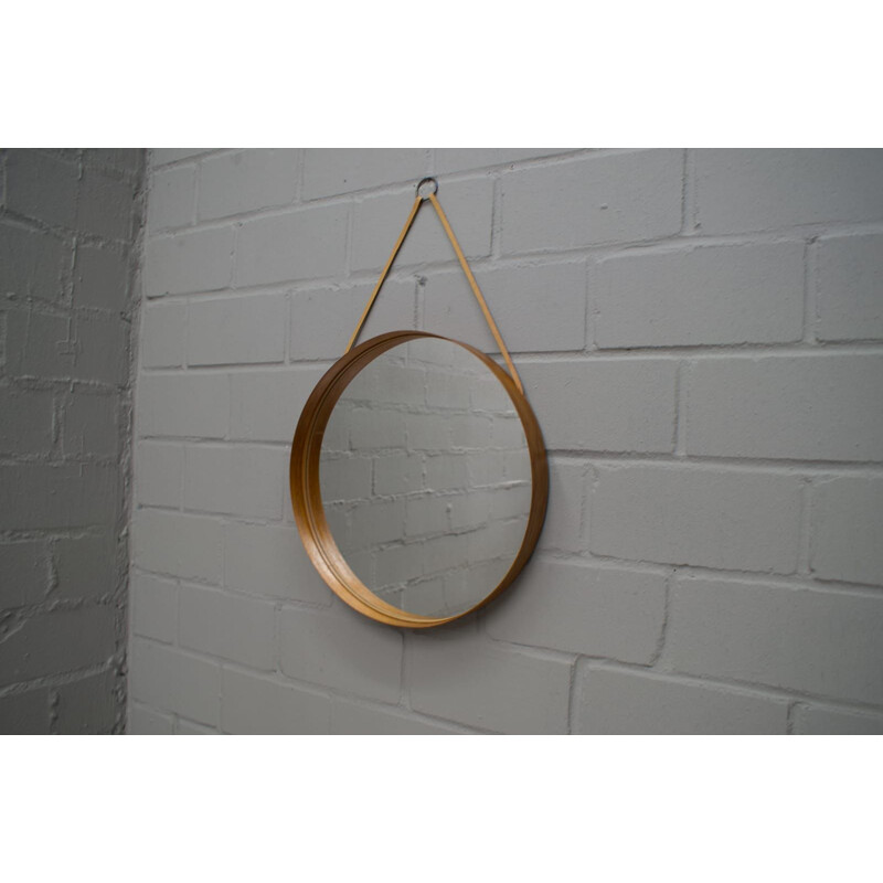 Vintage wall mirror for Glass Mäster in teak brass and leather 1960s