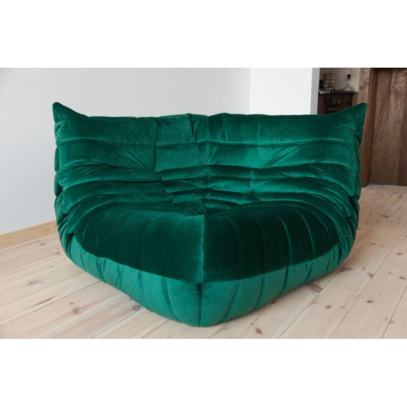 Vintage Togo corner sofa in green velvet by Michel Ducaroy for Ligne Roset