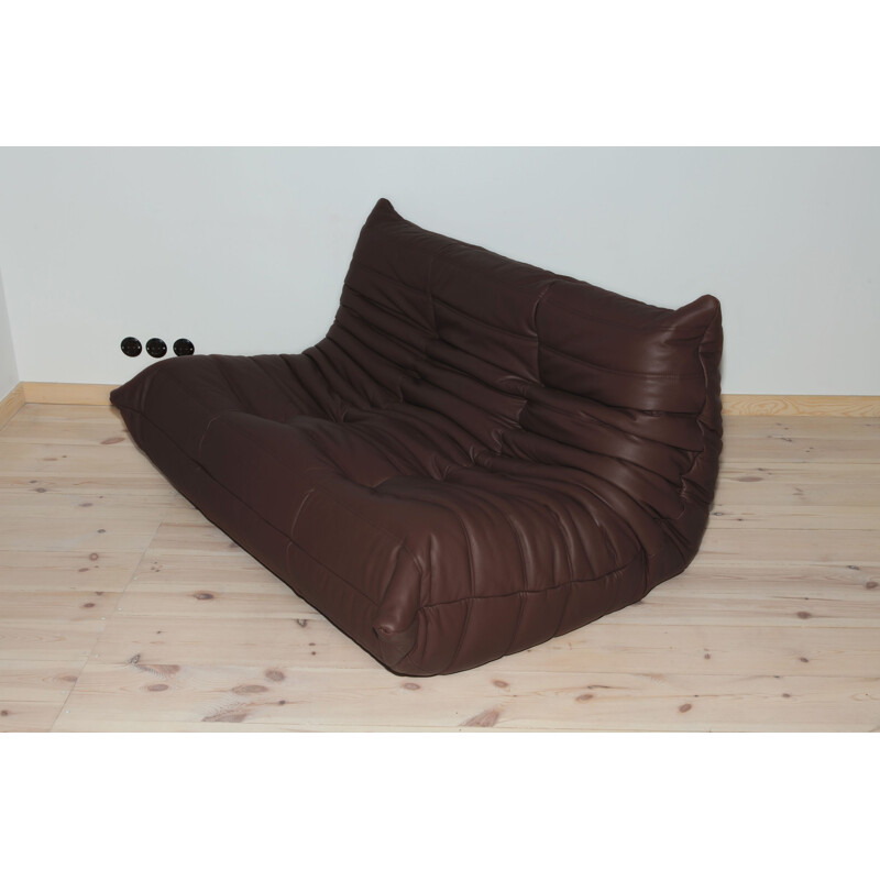 Vintage 2-seater Togo sofa for Ligne Roset in brown leather 1970s