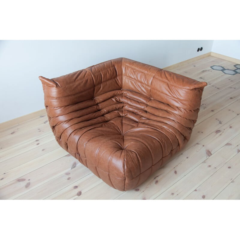 Set of 3 vintage Togo sofas for Ligne Roset in brown leather 1970s