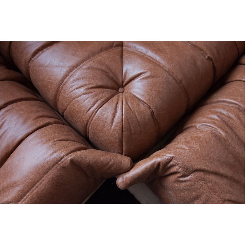 Set of 3 vintage Togo sofas for Ligne Roset in brown leather 1970s
