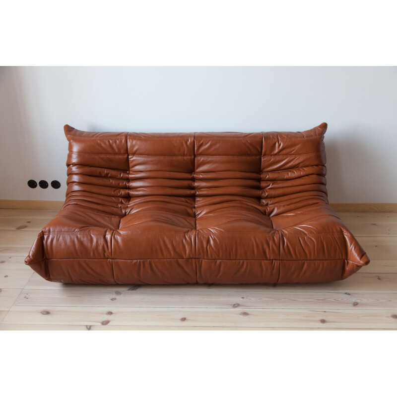 Vintage set of 3 sofas Togo for Ligne Roset in whiskey brown leather 1970s