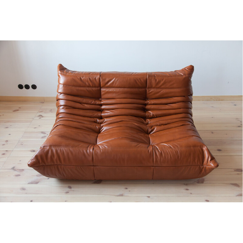 Vintage set of 3 sofas Togo for Ligne Roset in whiskey brown leather 1970s