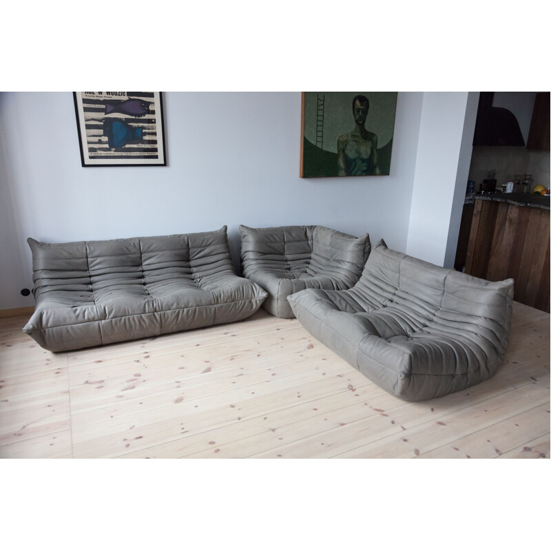 Vintage set of 3 sofas Togo for Ligne Roset in grey leather 1970s