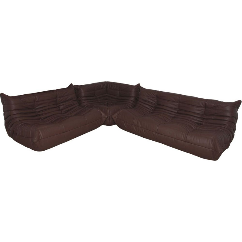 Vintage set of 3 sofas Togo for Ligne Roset in madras brown leather 1970s