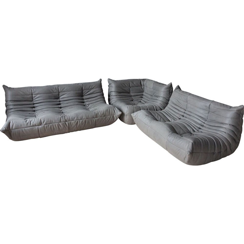 Vintage set of 3 sofas Togo for Ligne Roset in grey leather 1970s