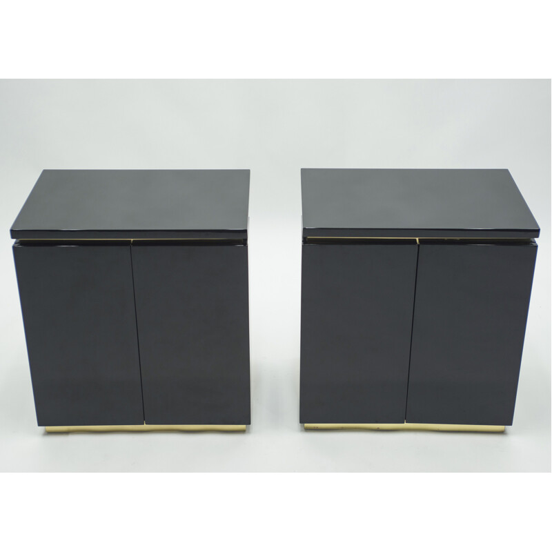 Pair of vintage cabinets black lacquered and brass J.C. Mahey for Maison Romeo 1970