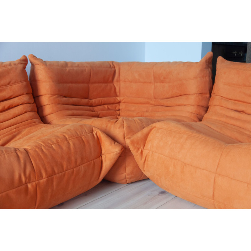 Vintage set of 3 sofas Togo for Ligne Roset in orange microfiber 1970s