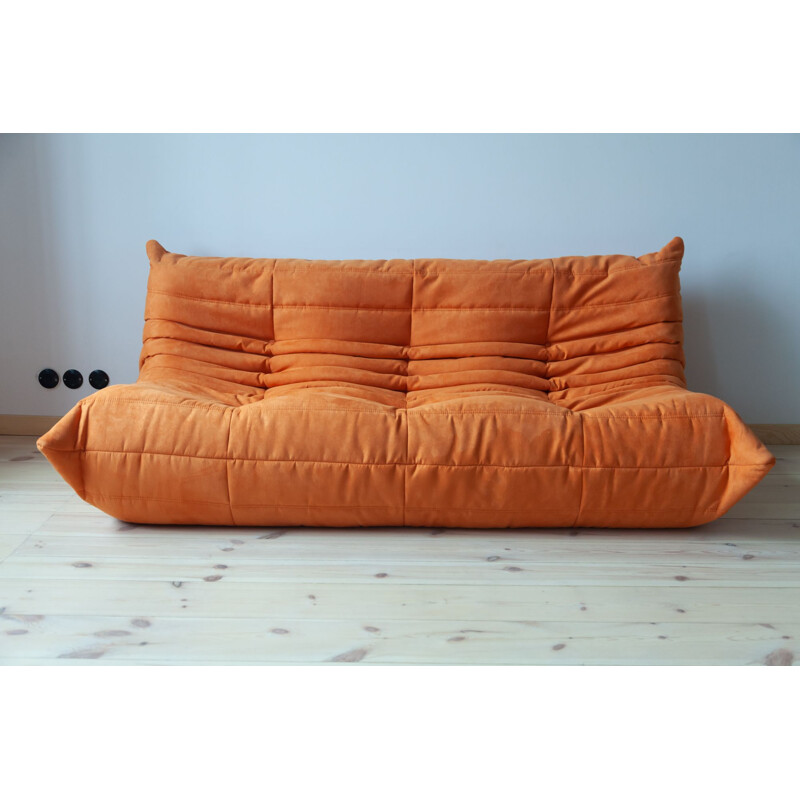 Vintage set of 3 sofas Togo for Ligne Roset in orange microfiber 1970s