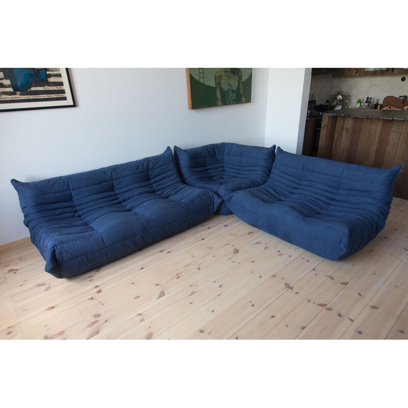 Vintage set of 3 Togo sofas by Michel Ducaroy for Ligne Roset in blue microfiber, 1970s