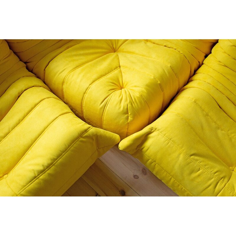 Vintage set of 3 Togo sofas by Michel Ducaroy for Ligne Roset in yellow microfiber, 1970s