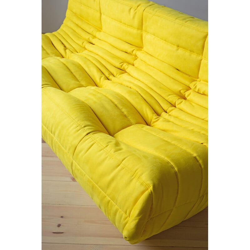 Vintage set of 3 Togo sofas by Michel Ducaroy for Ligne Roset in yellow microfiber, 1970s