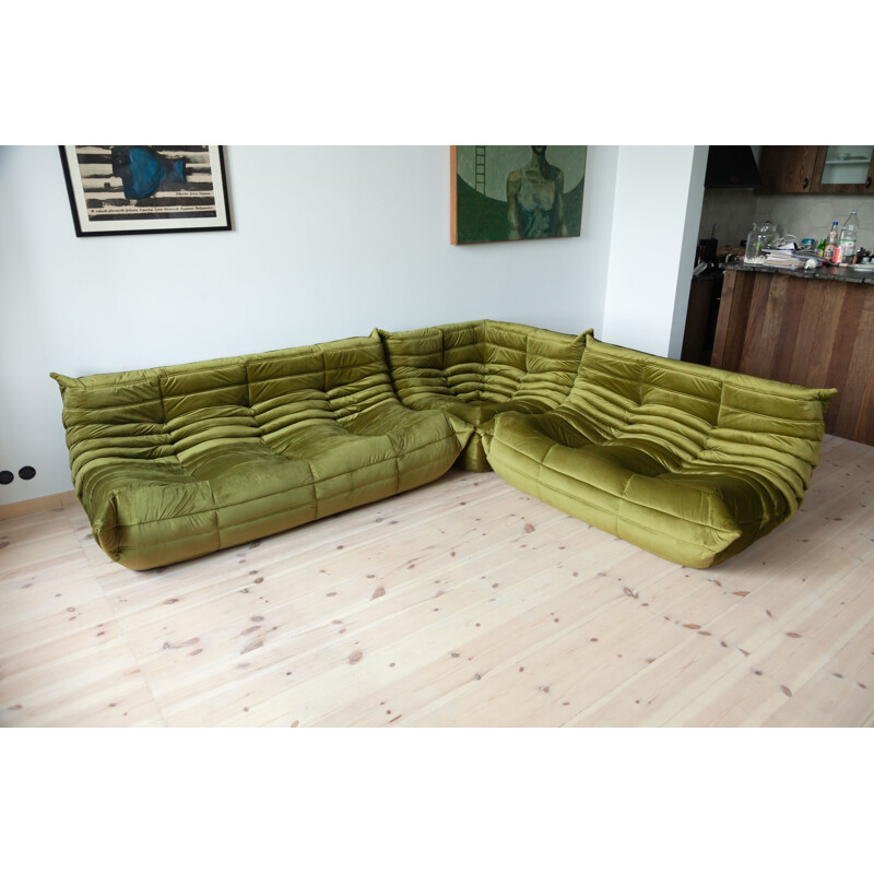 Set of 3 vintage Togo sofas for Ligne Roset in green velvet, 1970s