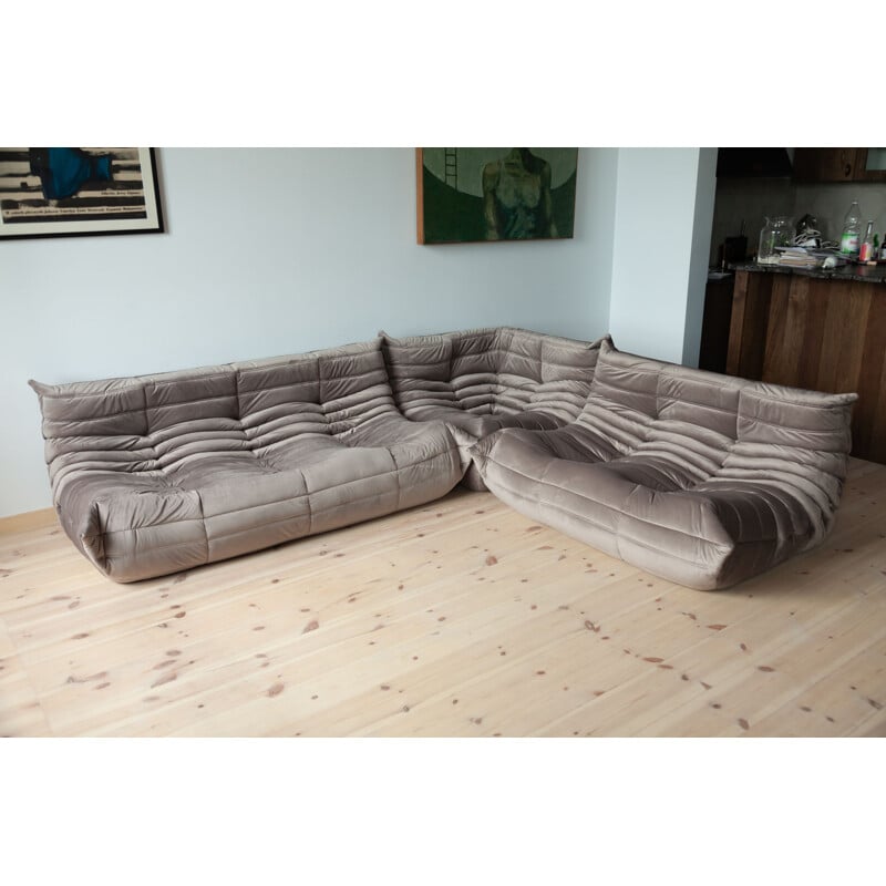 Set of 3 vintage Togo sofas for Ligne Roset in grey velvet, 1970s