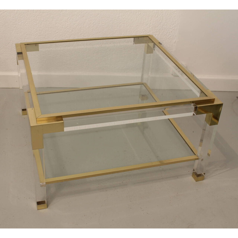 Vintage coffee table in plexi, stainless and brass - 1970s