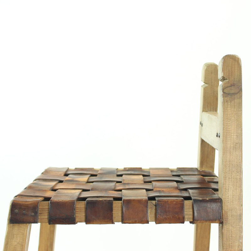 Vintage bar stool in wood and leather, Czechoslovakia, 1950s