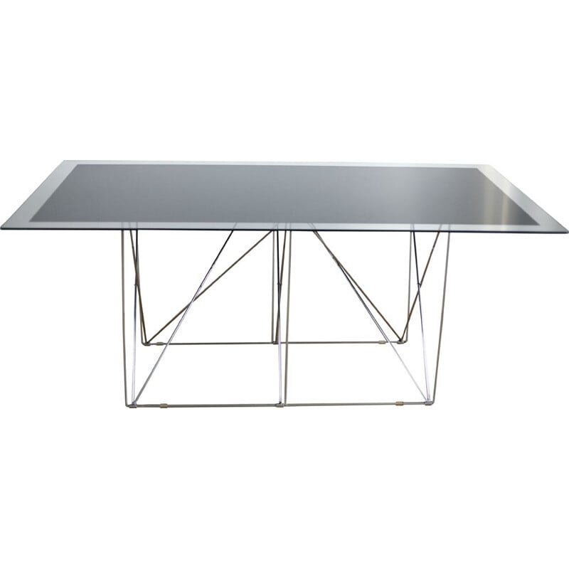 Vintage steel table and glass "dining table" by Max Sauze, France, 1970s