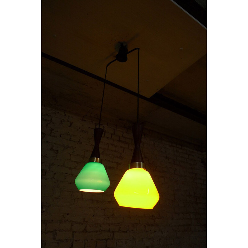 Vintage suspension in colour, opaline, brass and teak, Italy, 1950