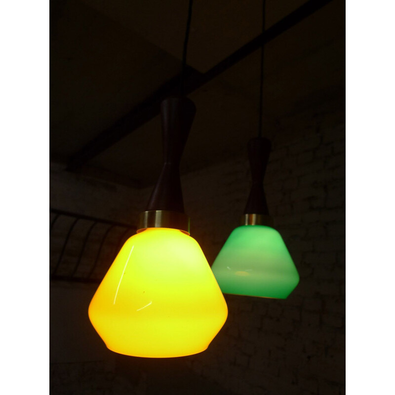 Vintage suspension in colour, opaline, brass and teak, Italy, 1950