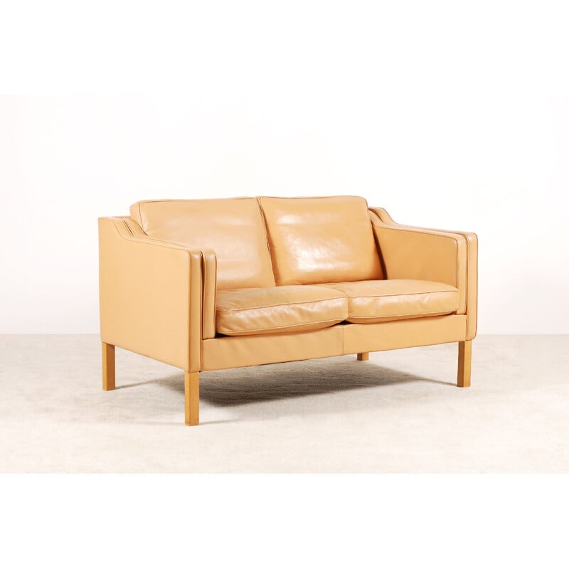 Scandinavian 2-seater vintage sofa in beige leather 1960