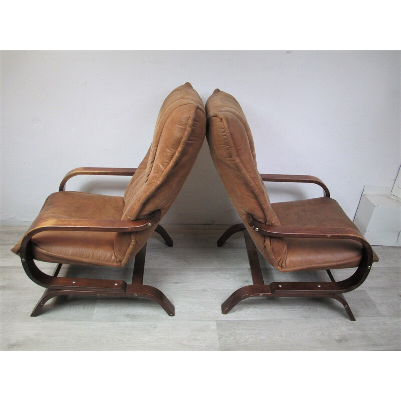 Vintage pair of brown armchairs in suede, 1970s