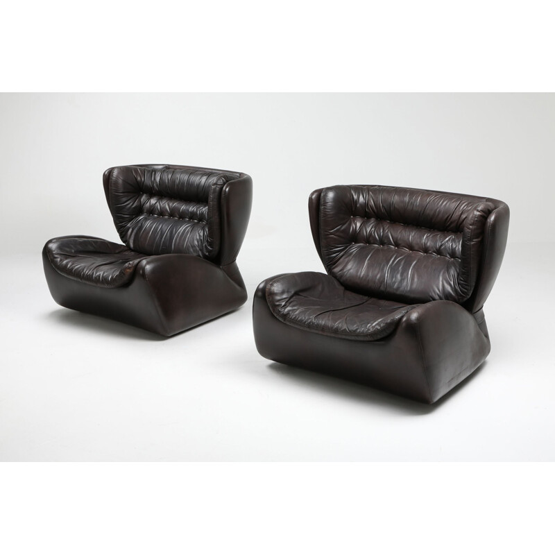 Vintage dark brown "Pasha" lounge chairs and ottoman by Durlet 1970