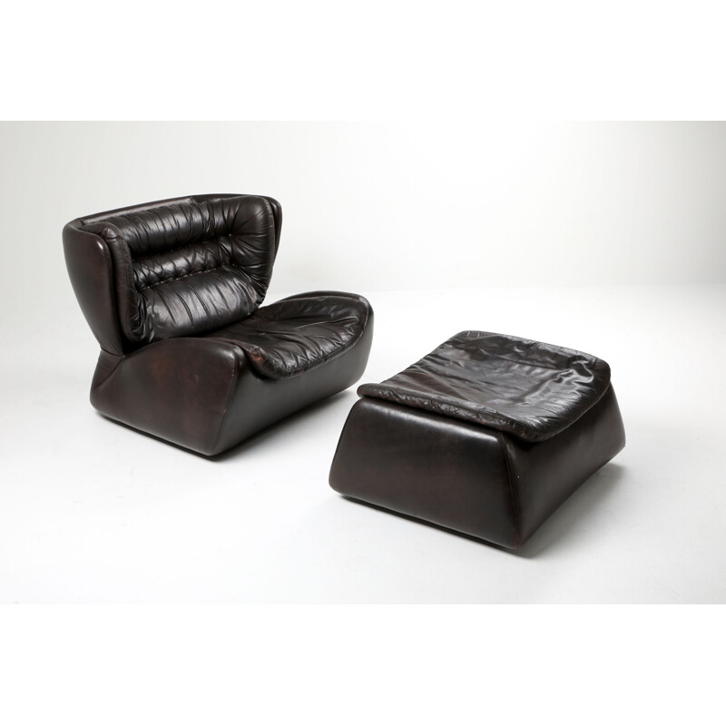 Vintage dark brown "Pasha" lounge chairs and ottoman by Durlet 1970