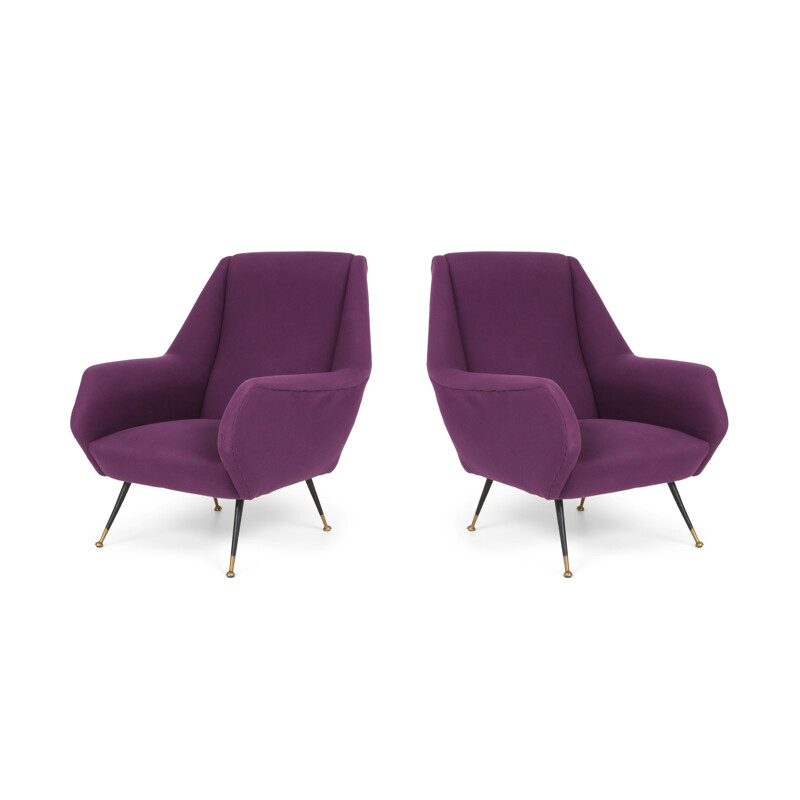 Vintage pair of easy chairs with purple upholstery 1950s