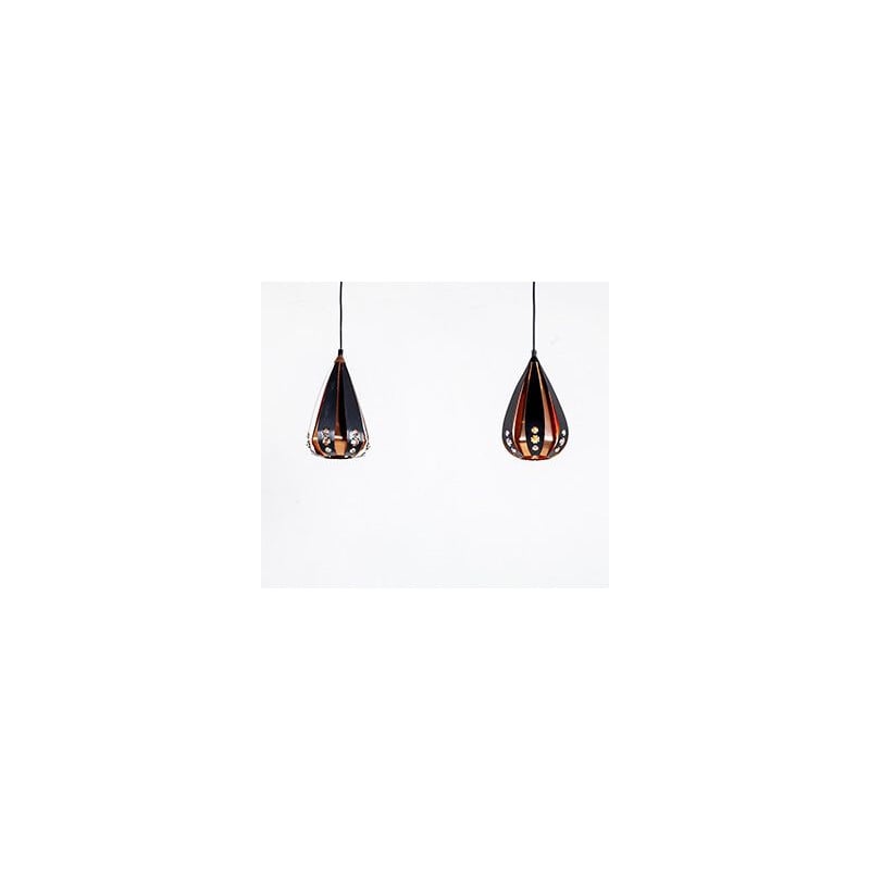 Vintage pair of copper & black metal pendant lamps by Werner Schou for Coronell Elektro, 1960s
