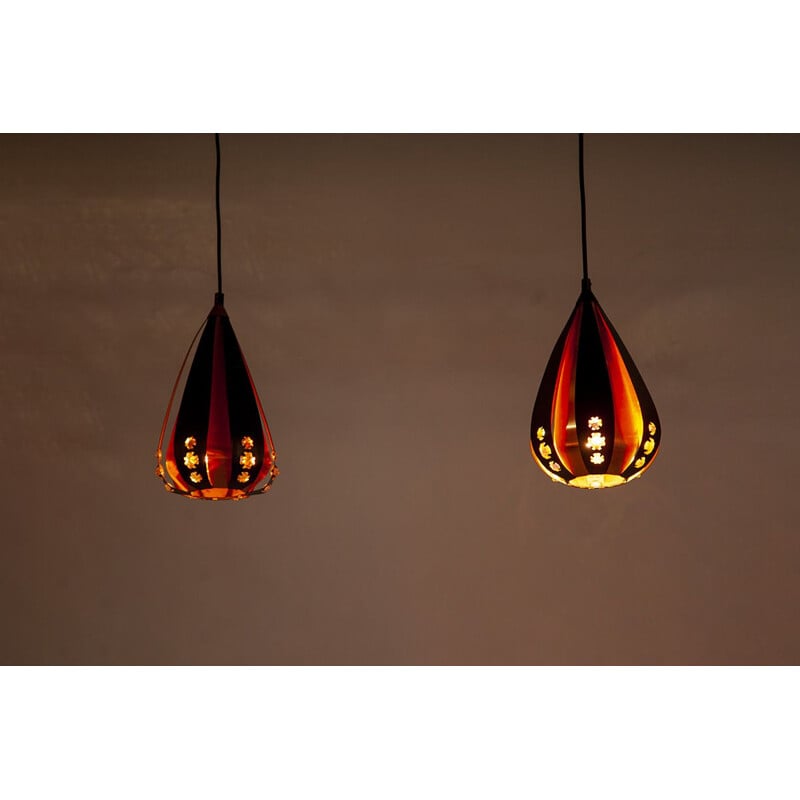 Vintage pair of copper & black metal pendant lamps by Werner Schou for Coronell Elektro, 1960s